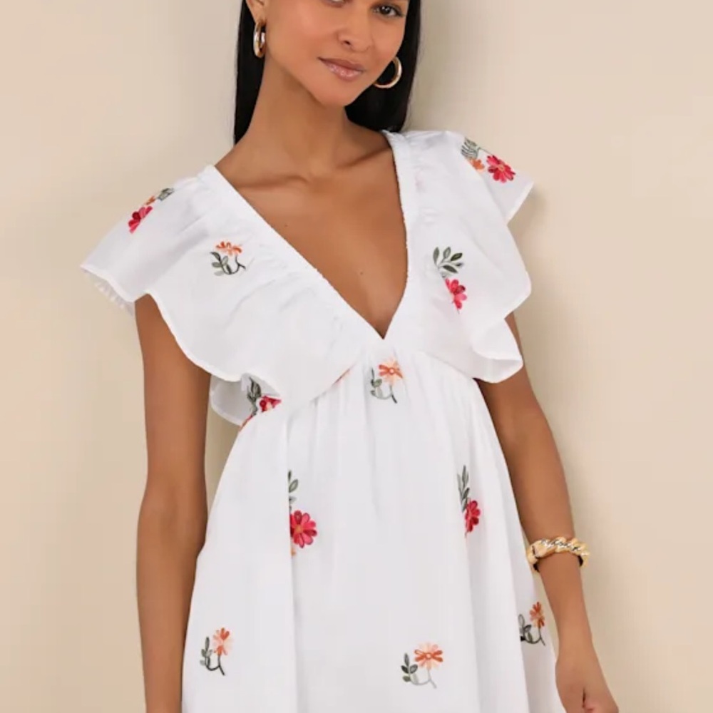Kory White Embroidered Flutter Sleeve Mini Dress